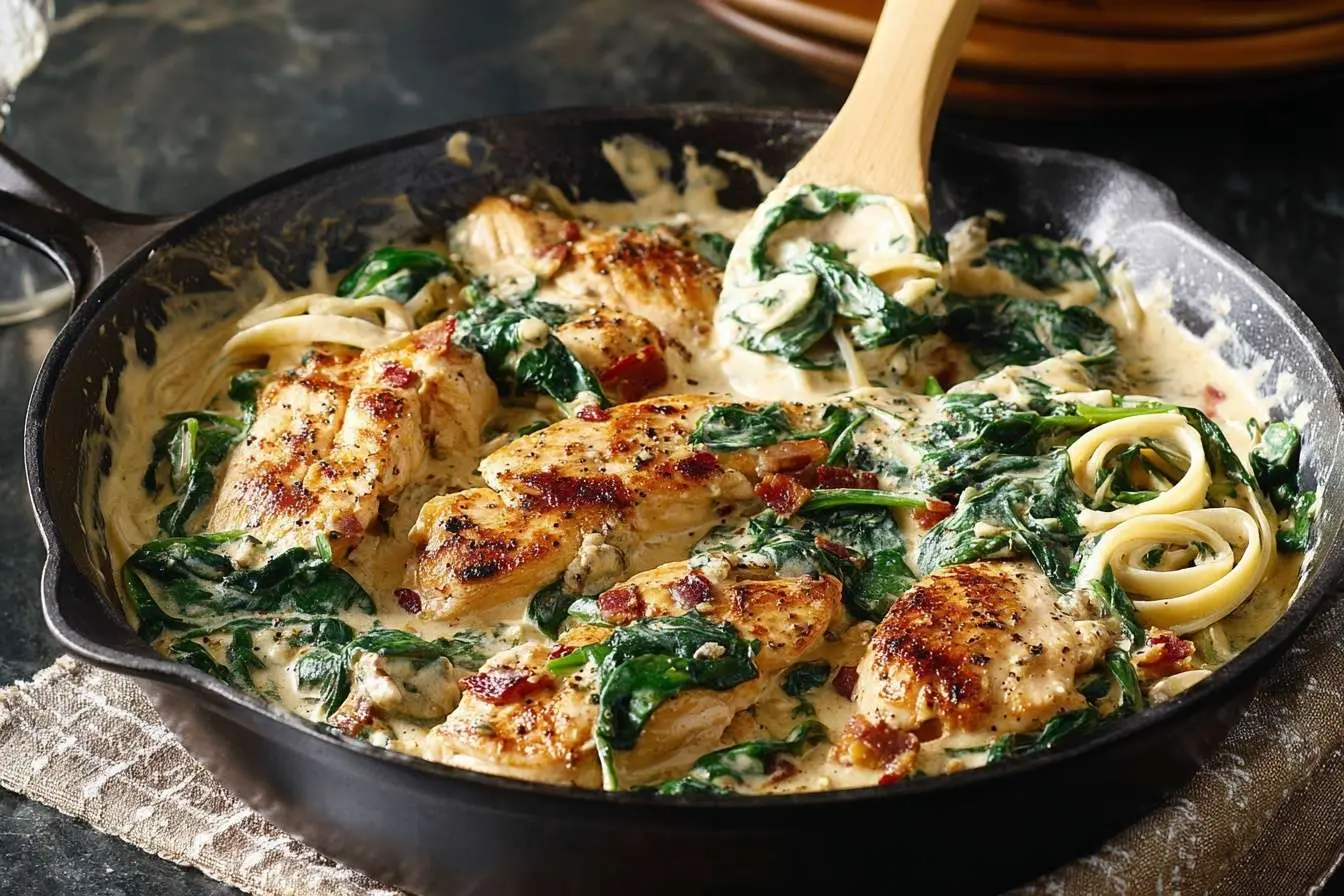 A cast-iron skillet filled with creamy chicken and spinach pasta, with a wooden spoon stirring the savory dish.