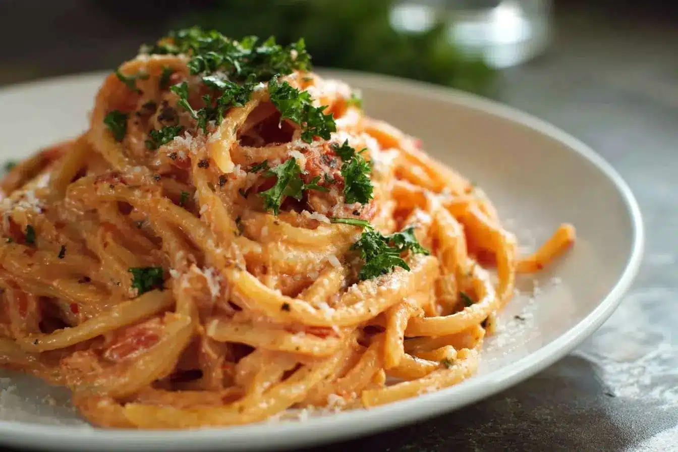 A close-up of a white plate with a serving of Pasta with Ricotta and Tomatoes, garnished with fresh parsley and cheese.