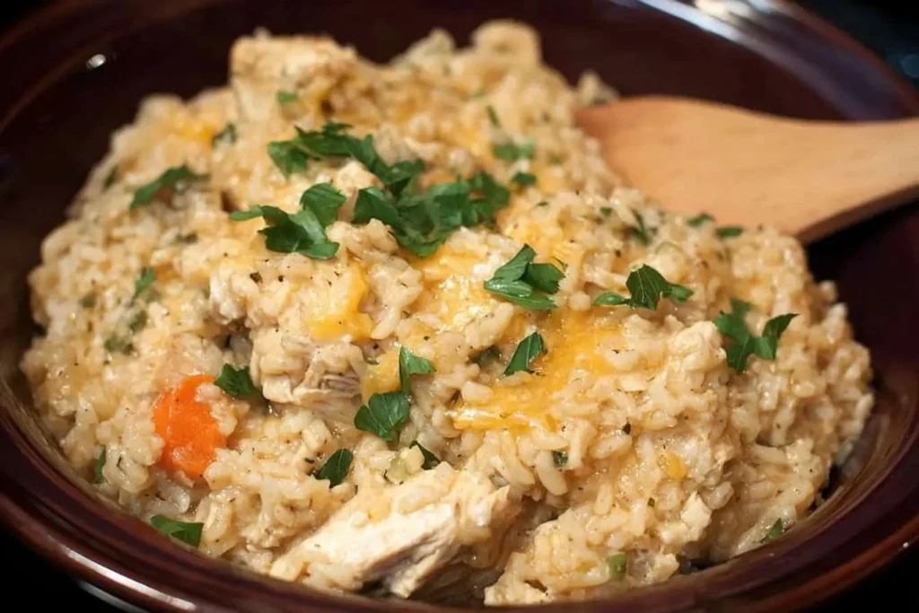 A close-up of a warm and cheesy Chicken and Rice Casserole in a brown bowl, garnished with fresh parsley.