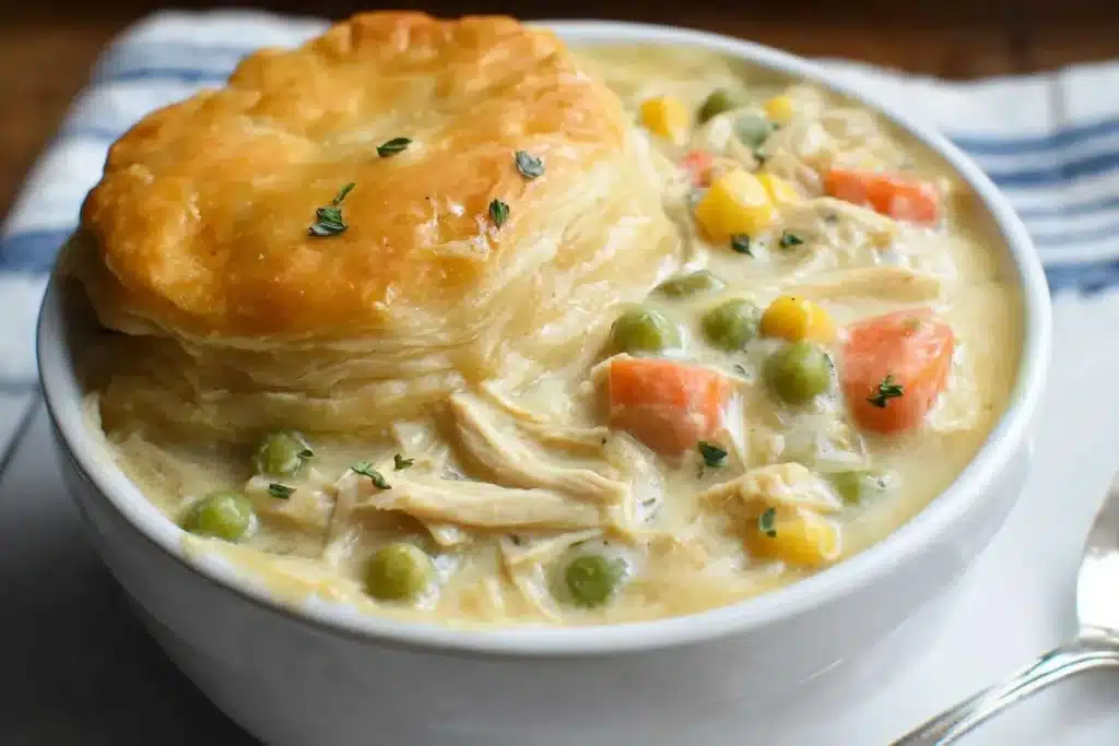 A close-up of a white bowl filled with creamy chicken pot pie, topped with a golden, flaky puff pastry crust and fresh herbs.