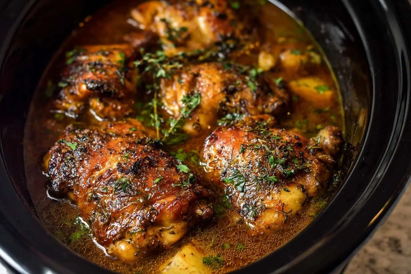 A close-up of herb-crusted slow cooker chicken thighs simmering in a savory broth inside a black crock pot.