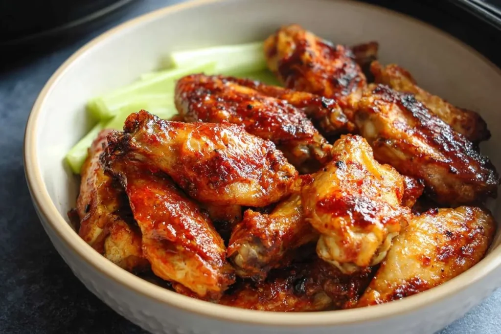 A close-up of a tan bowl filled with crispy, saucy air fryer chicken wings, with fresh celery sticks in the background.