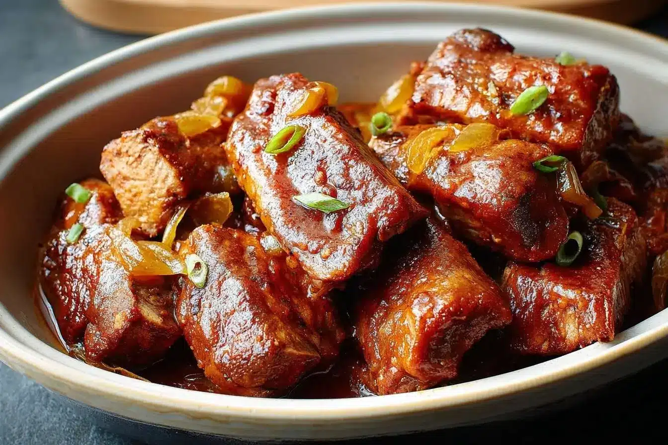 A close-up of a bowl of tender, saucy pork made from a classic Filipino Pork Adobo Recipe, garnished with green onions.
