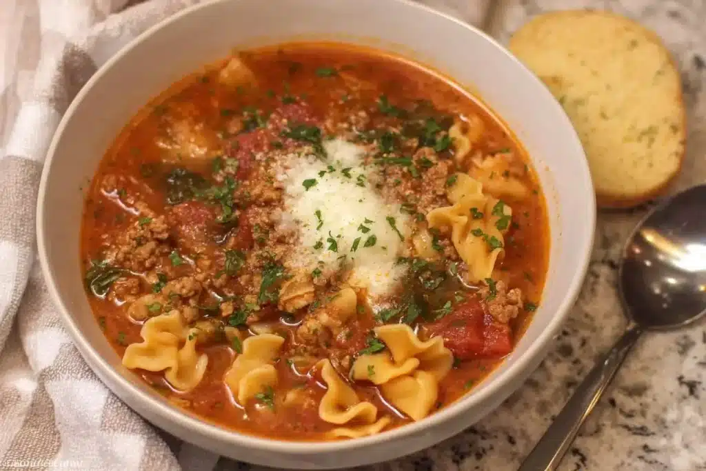 A white bowl filled with hearty Lasagna Soup, topped with melted cheese and fresh parsley, served with a side of garlic bread.