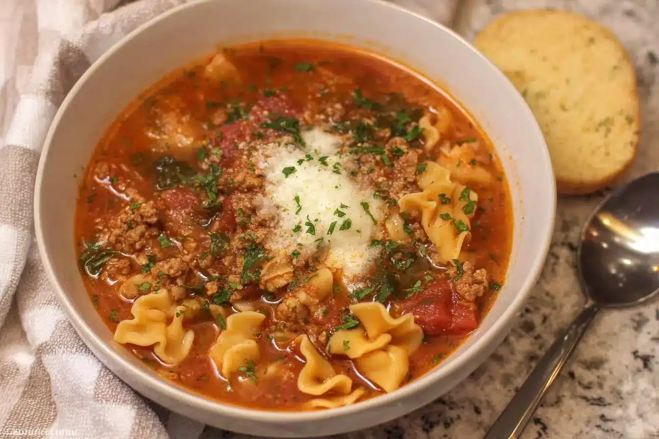 A white bowl filled with hearty Lasagna Soup, topped with melted cheese and fresh parsley, served with a side of garlic bread.