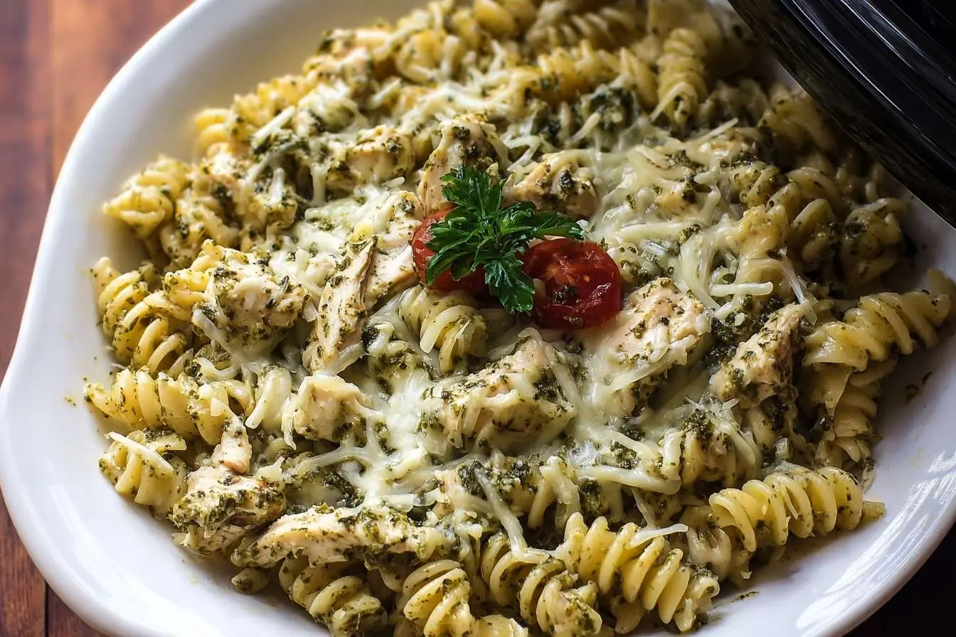 A close-up of a white bowl filled with creamy chicken pesto pasta, topped with melted cheese and a fresh parsley garnish.