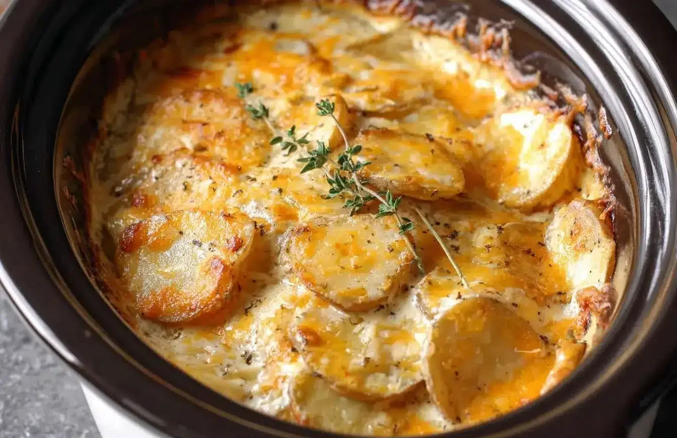A close-up of creamy slow cooker scalloped potatoes, baked until golden brown with cheese and a fresh thyme garnish.