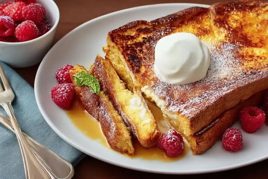 A plate of golden-brown stuffed French toast, sliced and topped with cream, powdered sugar, fresh raspberries, and syrup.
