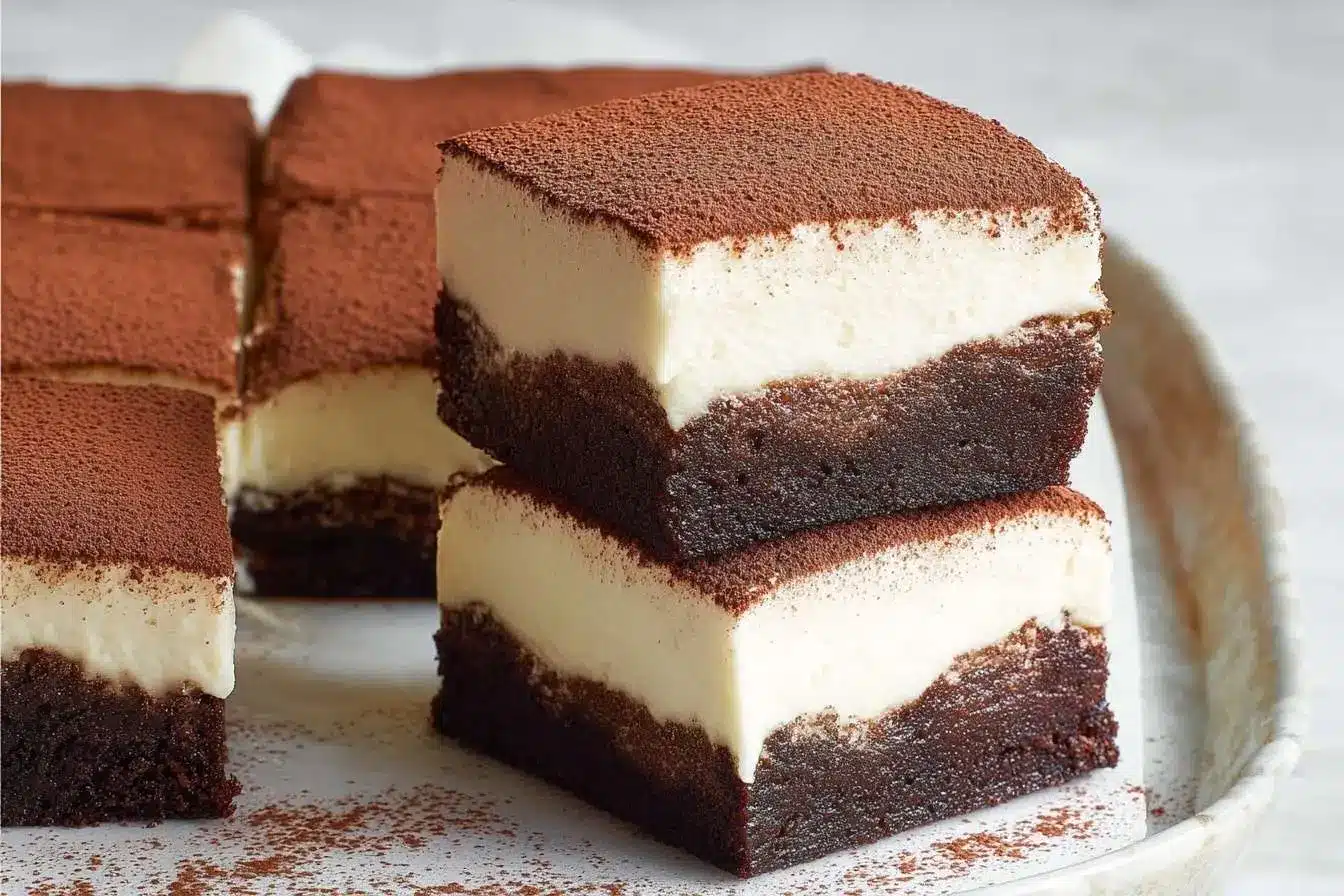 A delicious stack of two Tiramisu Brownies, showing a fudgy brownie base, a thick creamy layer, and a dusting of cocoa powder.