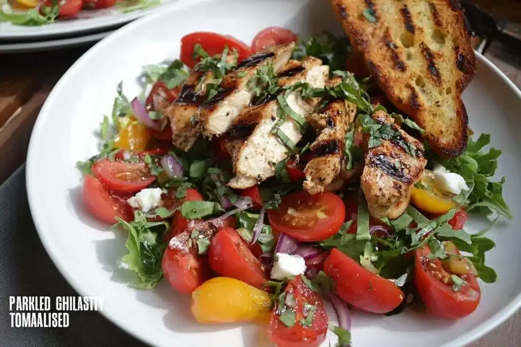 A vibrant grilled chicken salad in a white bowl with cherry tomatoes, arugula, feta, and a side of grilled bread.