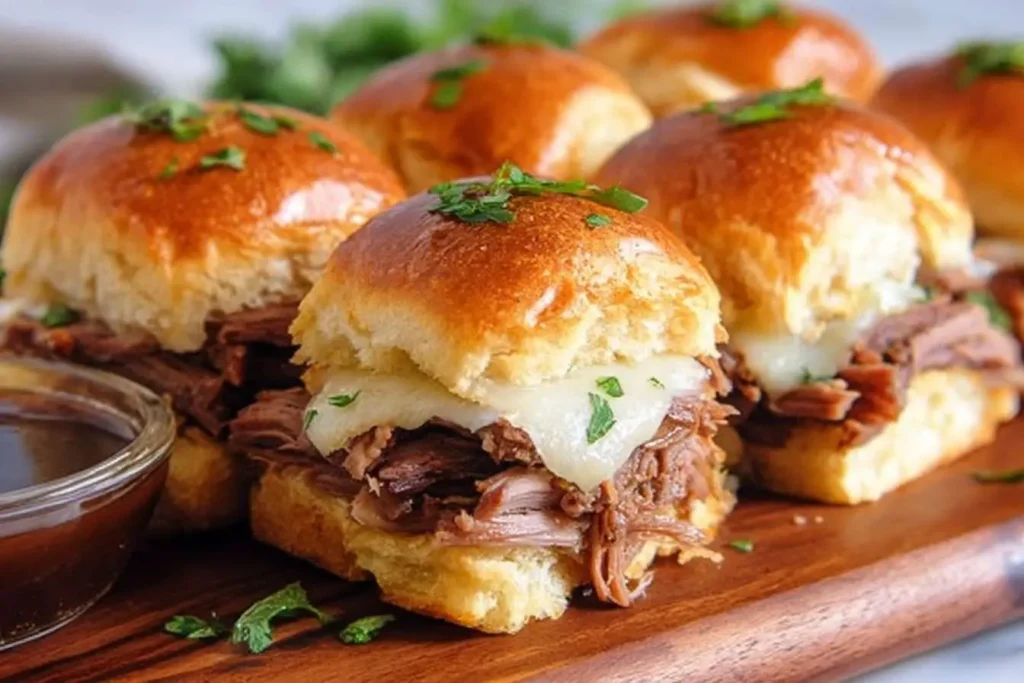 A close-up of delicious French Dip Sliders piled with beef and melted cheese on a wooden board, with au jus for dipping.