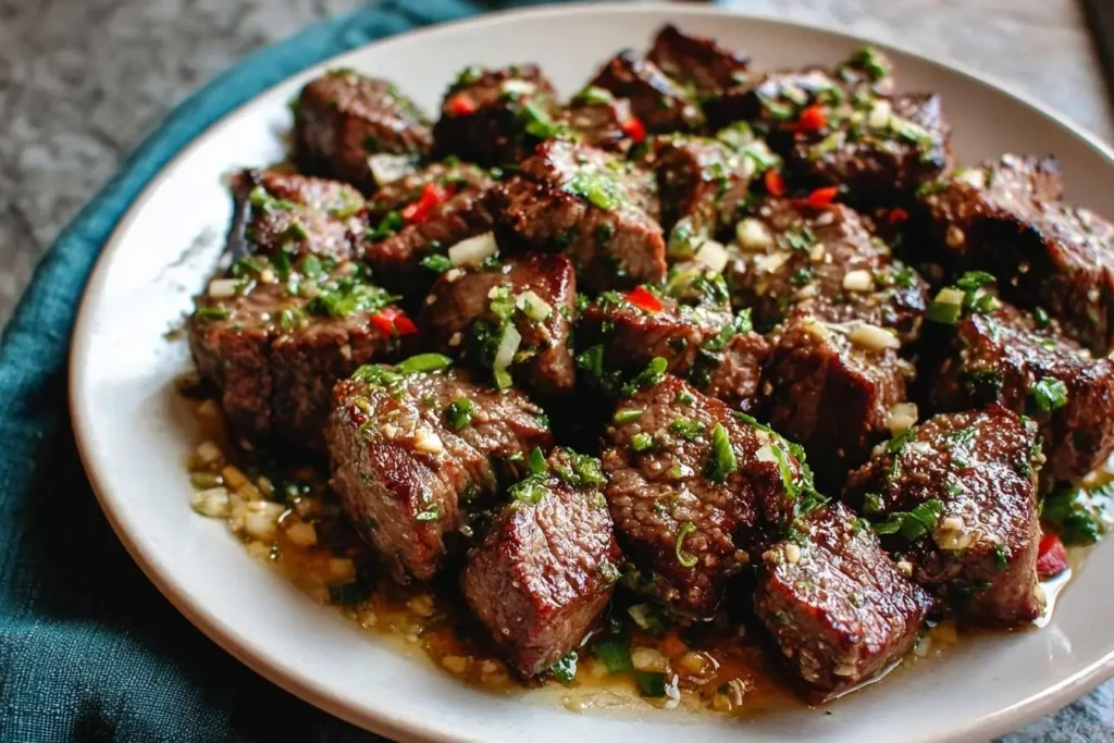 A white plate of juicy garlic butter steak bites, garnished with fresh parsley, minced garlic, and red chili flakes.