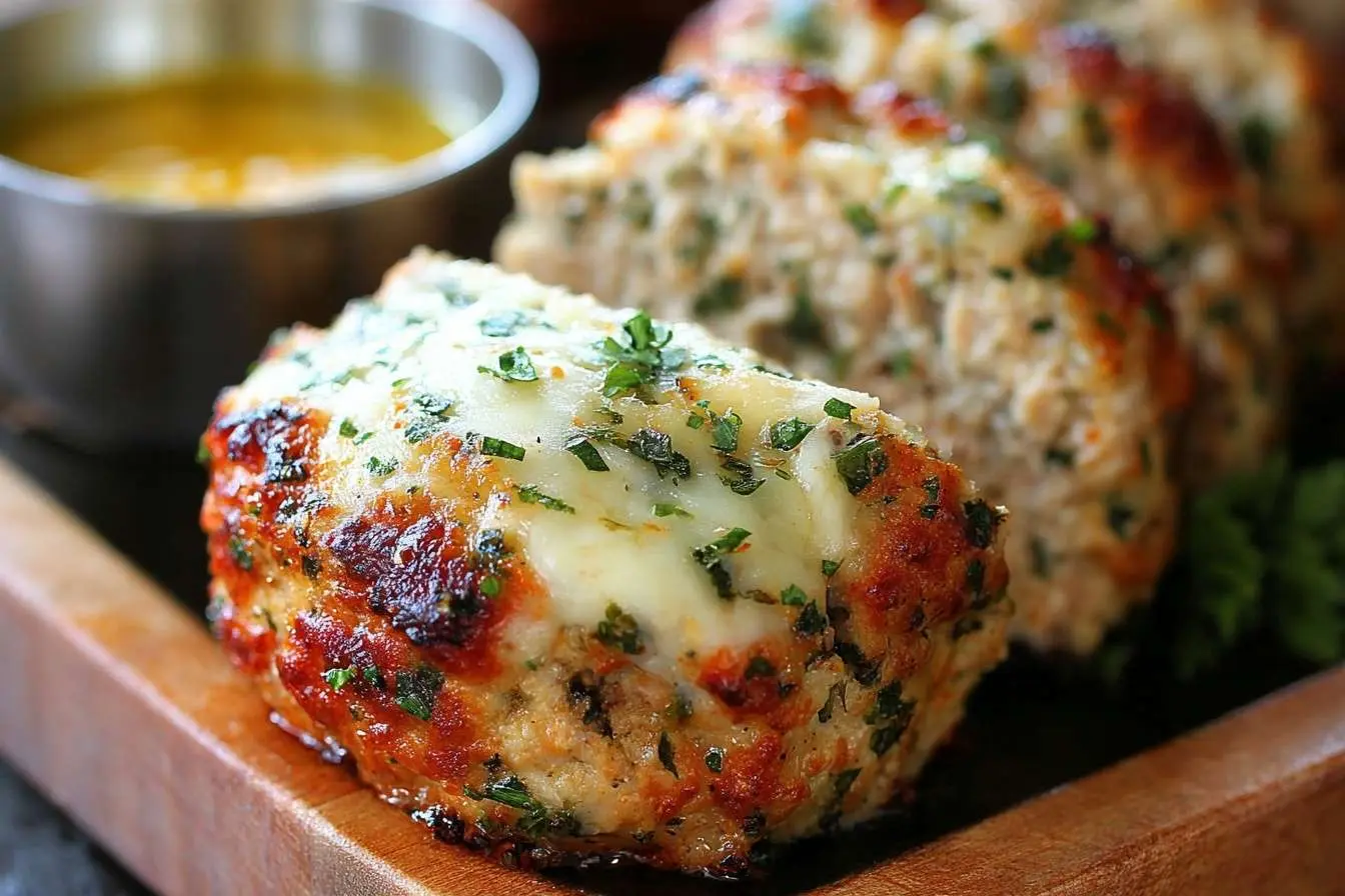 A close-up of a sliced cheesy chicken meatloaf, topped with melted cheese and fresh parsley, served on a wooden board.