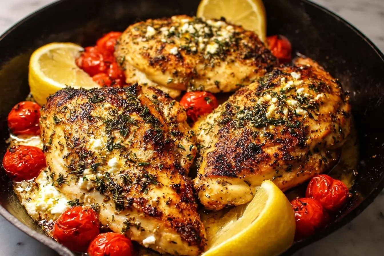 Three seared {{ $('Fetch Recipe Data').first().json["Main Keyword"] }} breasts in a cast-iron skillet with roasted cherry tomatoes, feta, and lemon wedges.