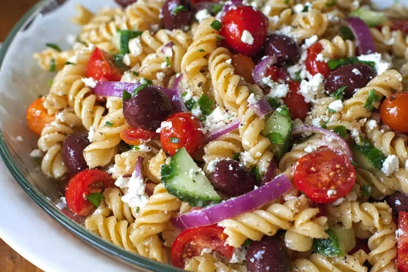 A close-up of a vibrant Greek pasta salad with fusilli, feta cheese, tomatoes, olives, and red onion in a glass bowl.