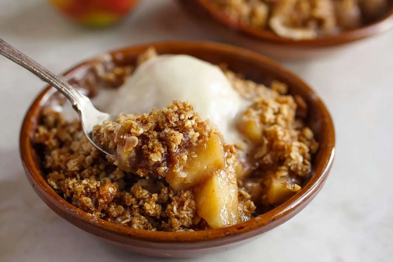 A close-up of a spoonful of apple crumble from an easy apple crumble recipe, served warm with a scoop of melting vanilla ice cream.