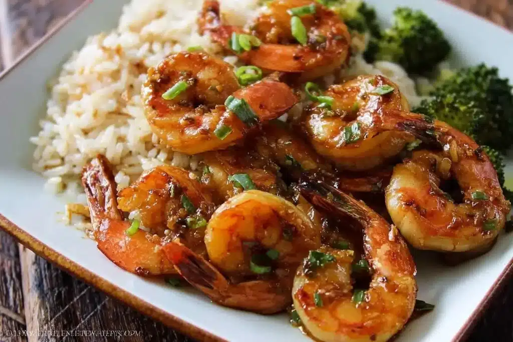 A close-up of a plate of delicious Honey Garlic Shrimp served over a bed of rice with a side of steamed broccoli.