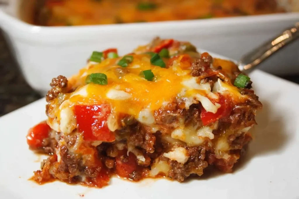 A close-up shot of a cheesy slice of Stuffed Pepper Casserole on a white plate, topped with fresh green onions.