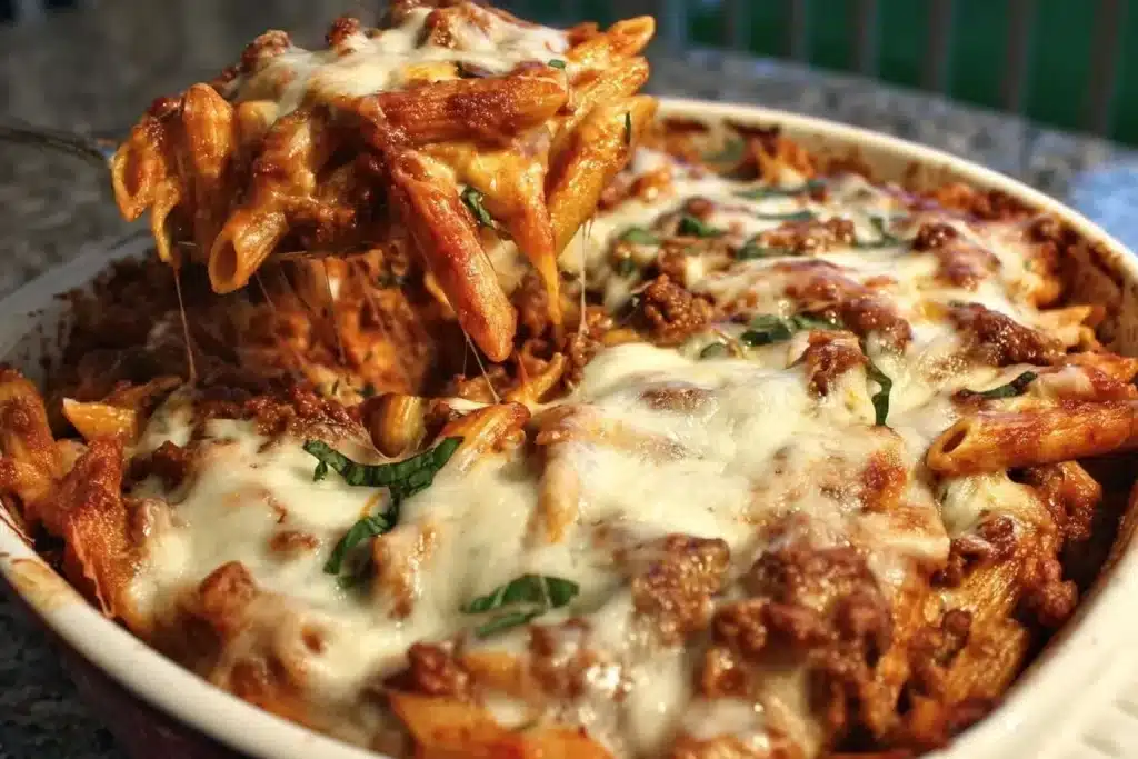 A scoop of cheesy Baked Ziti with meat sauce being lifted from a baking dish, creating a perfect cheese pull.