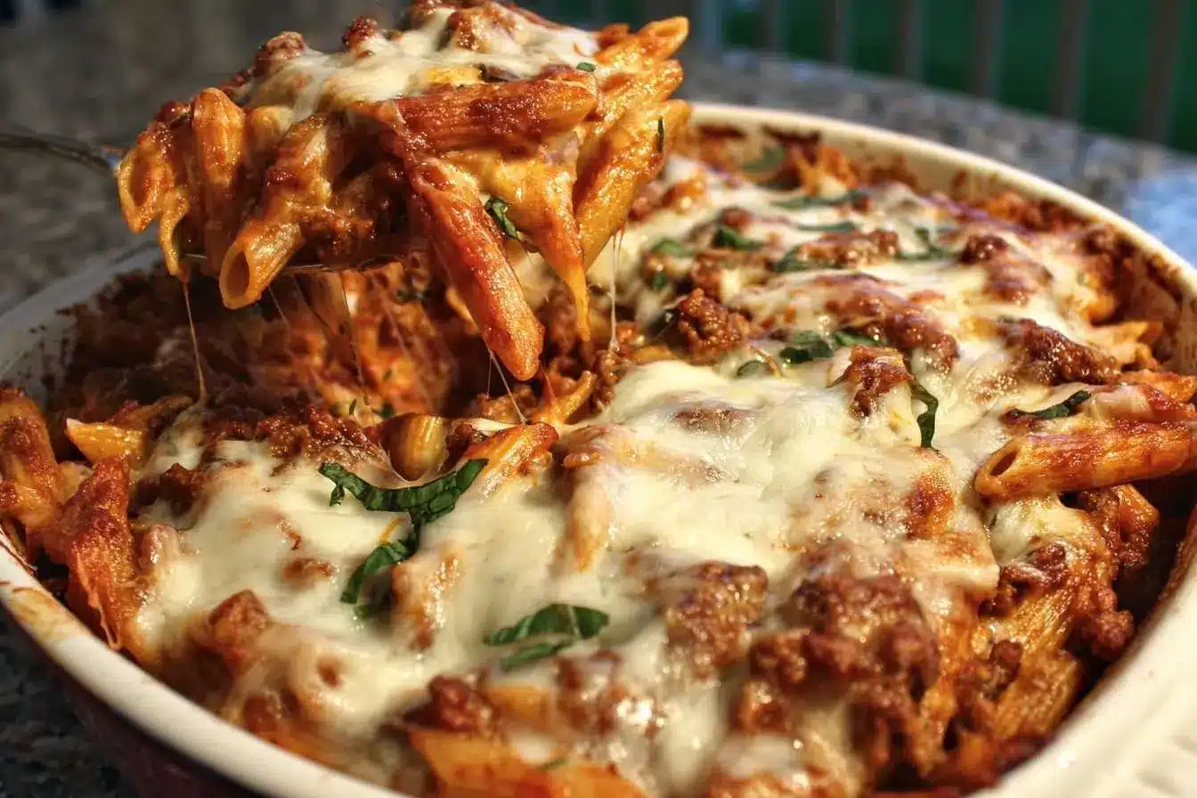 A scoop of cheesy Baked Ziti with meat sauce being lifted from a baking dish, creating a perfect cheese pull.