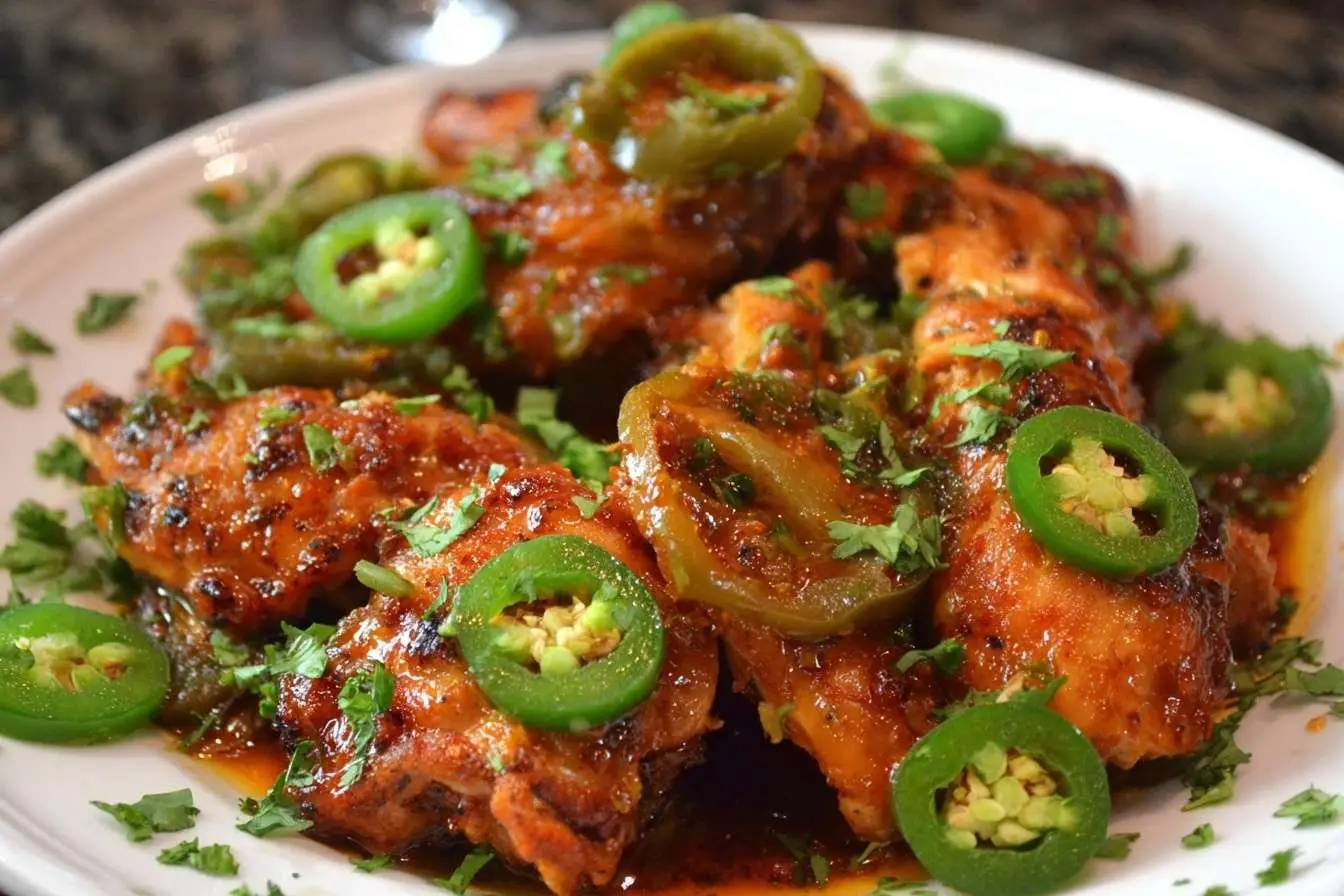 A close-up shot of saucy jalapeno chicken wings on a white plate, garnished with fresh sliced jalapenos and cilantro.