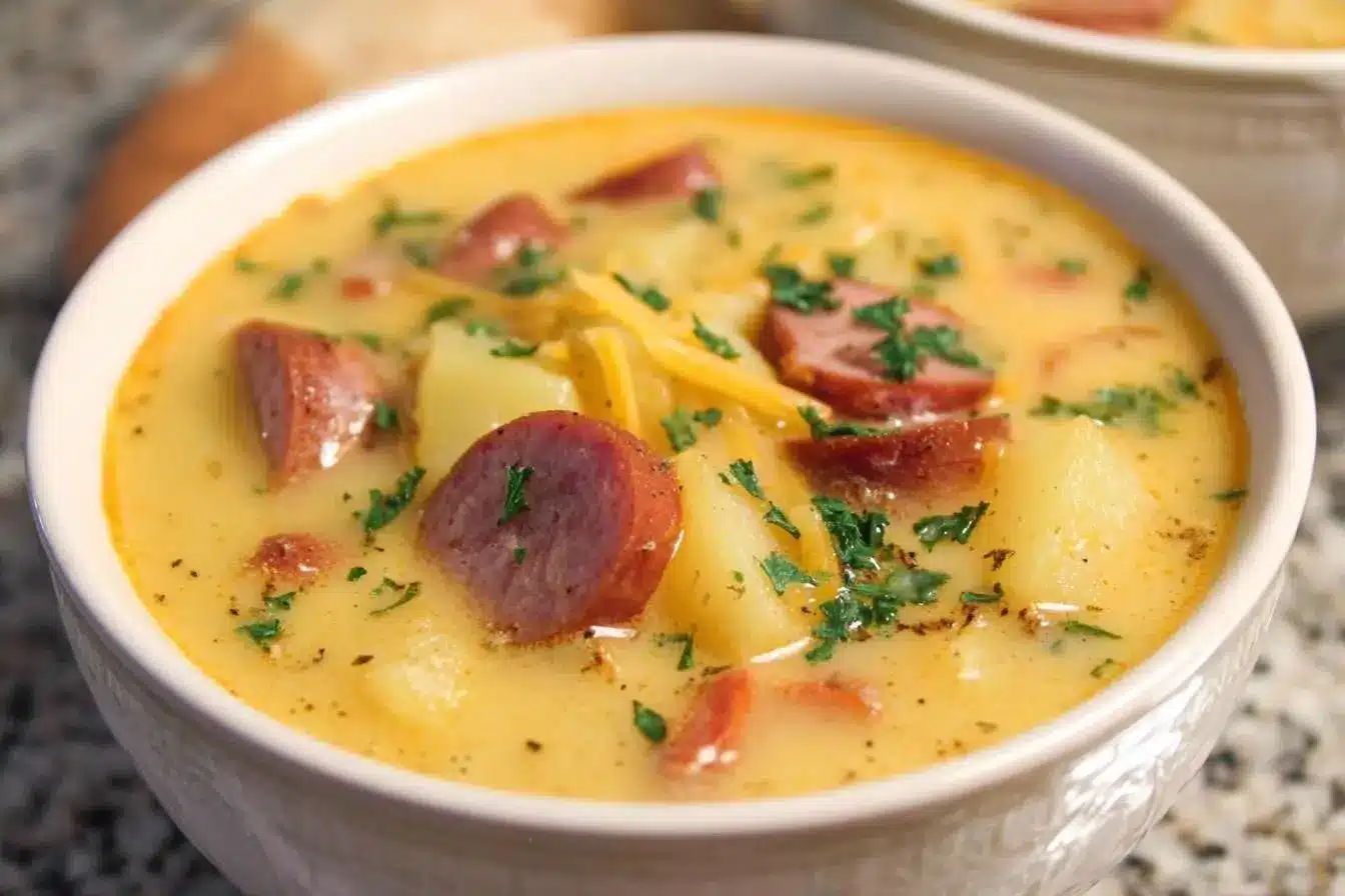 A close-up shot of a hearty bowl of {{ $('Fetch Recipe Data').first().json["Main Keyword"] }}, filled with sausage, potatoes, and cheese.