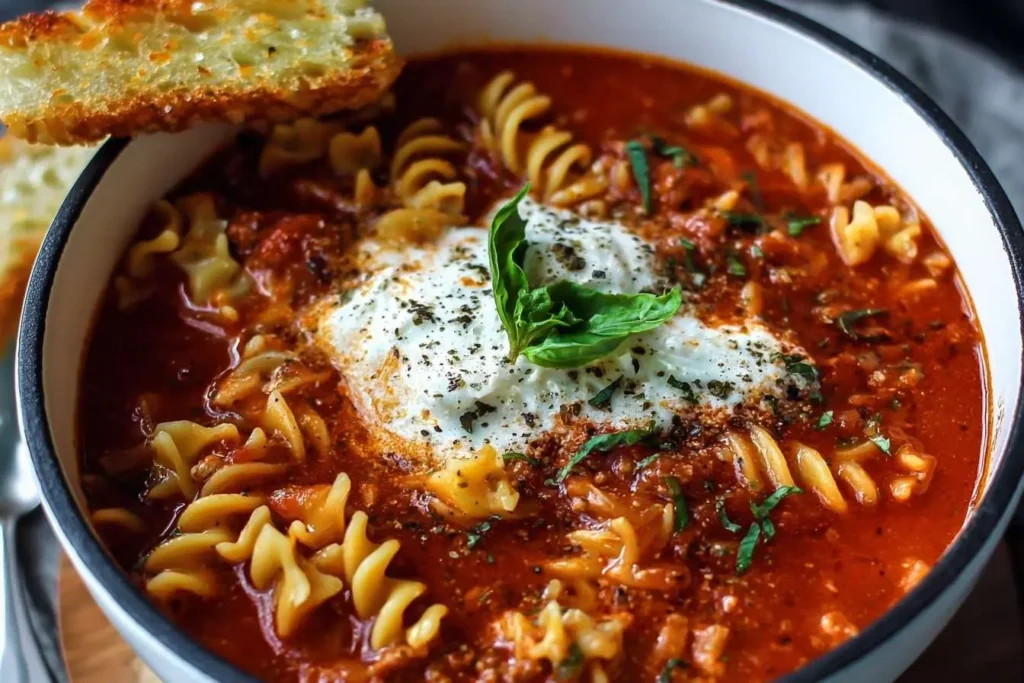 A close-up of a hearty bowl of Lasagna Soup topped with ricotta cheese, basil, and a side of toasted garlic bread.