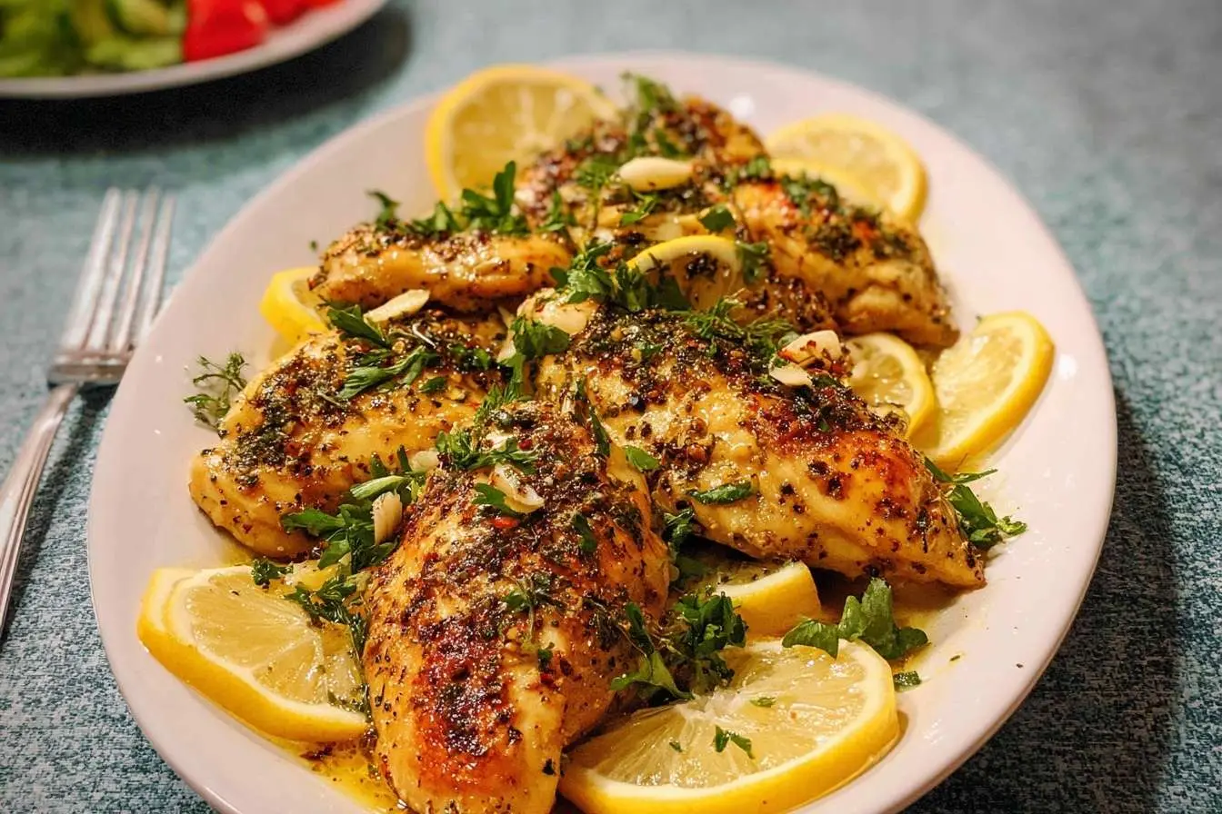 A platter of juicy Lemon Herb Chicken, beautifully garnished with fresh lemon slices and herbs.