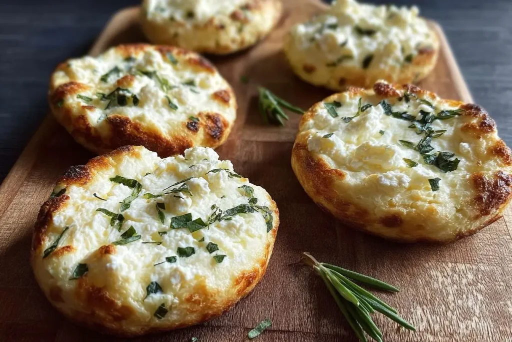 Golden-baked Ricotta toast topped with fresh herbs and served on a rustic wooden board.