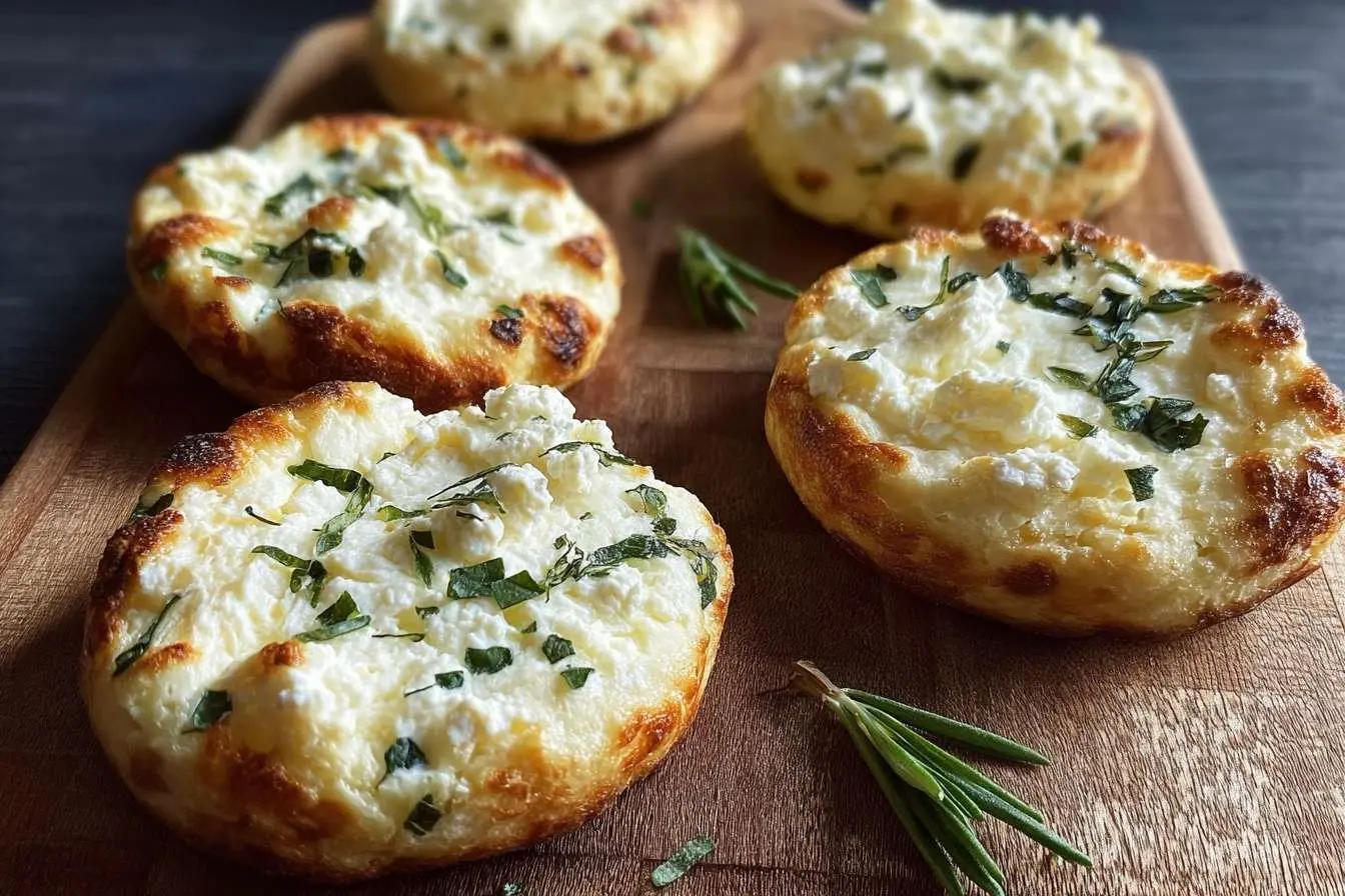 Golden-baked Ricotta toast topped with fresh herbs and served on a rustic wooden board.
