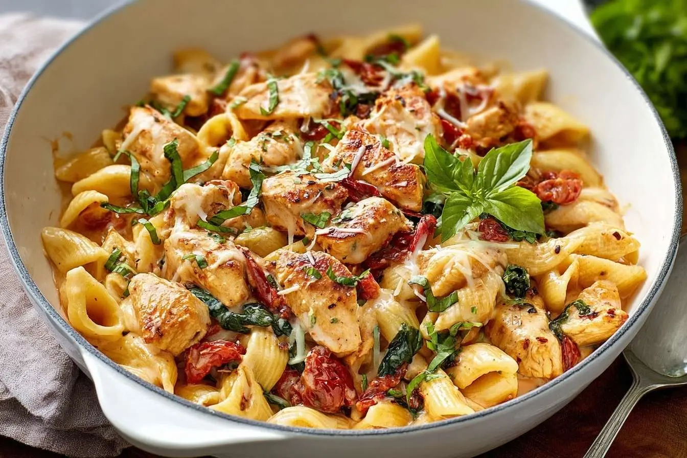 A white skillet filled with creamy Tuscan Chicken Pasta, featuring sun-dried tomatoes, spinach, and a fresh basil garnish.