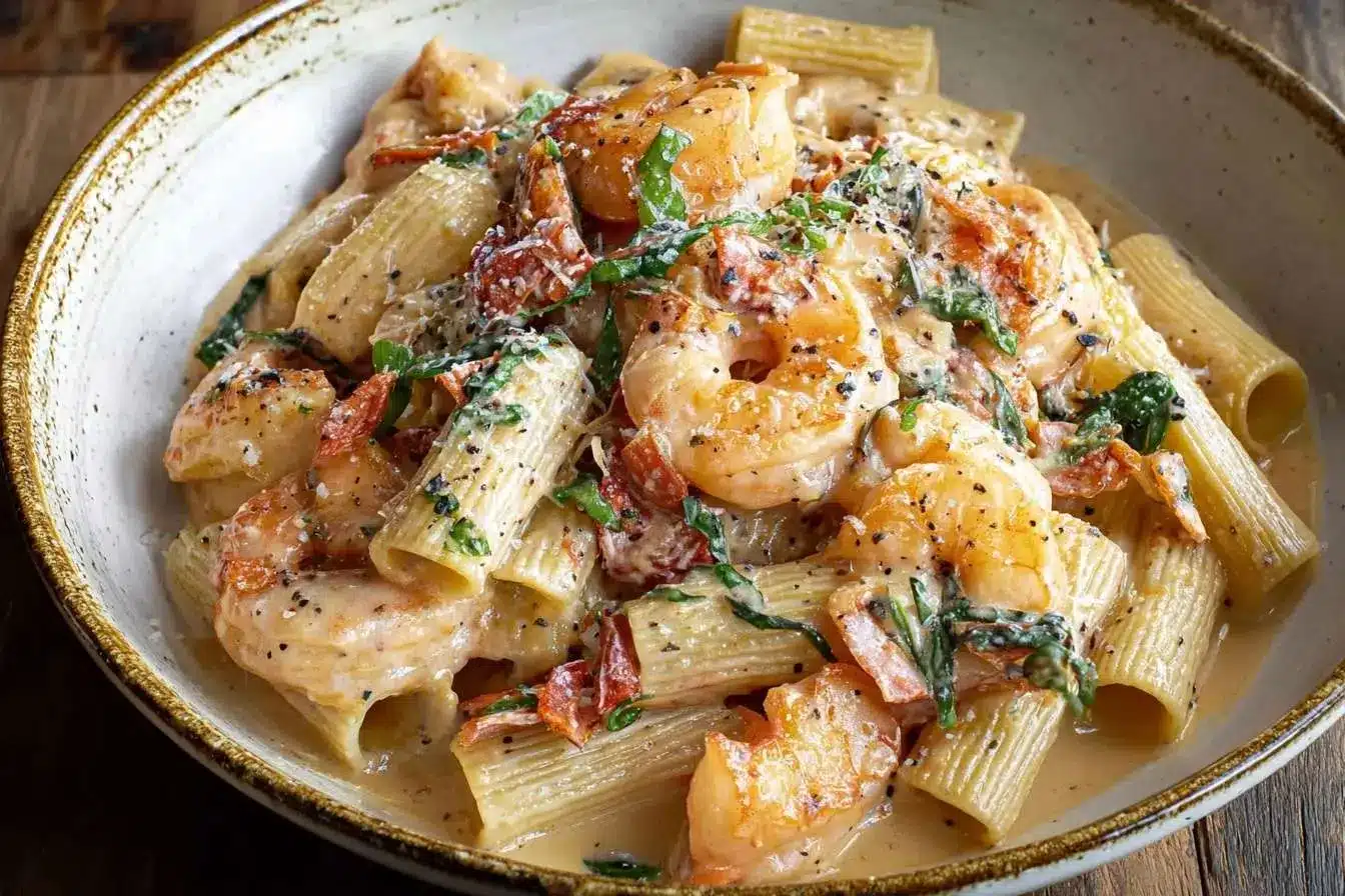 A delicious bowl of Creamy Tuscan Shrimp Pasta with rigatoni, spinach, and sun-dried tomatoes in a rich, creamy sauce.