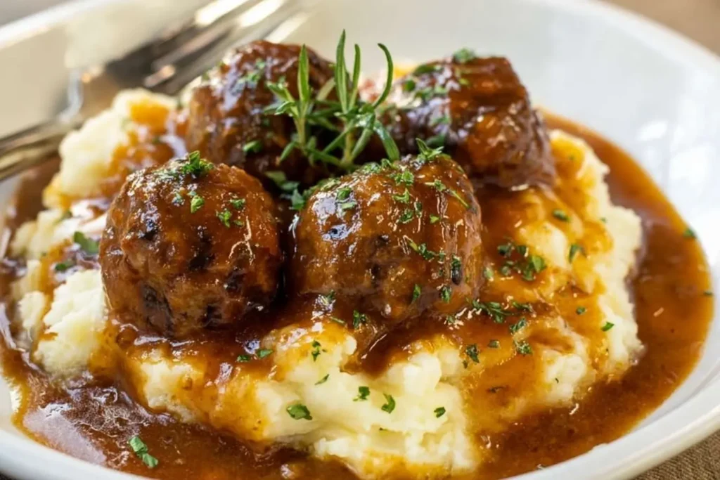 A close-up of a white bowl of homemade Meatballs and Gravy served over a bed of fluffy mashed potatoes, garnished with herbs.