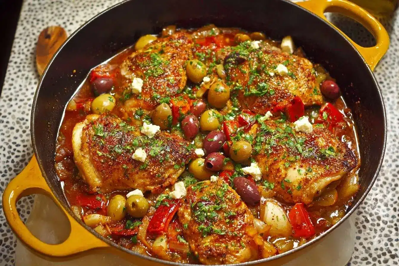 A close-up of a Mediterranean chicken skillet with braised chicken thighs, olives, feta, and parsley in a yellow pan.