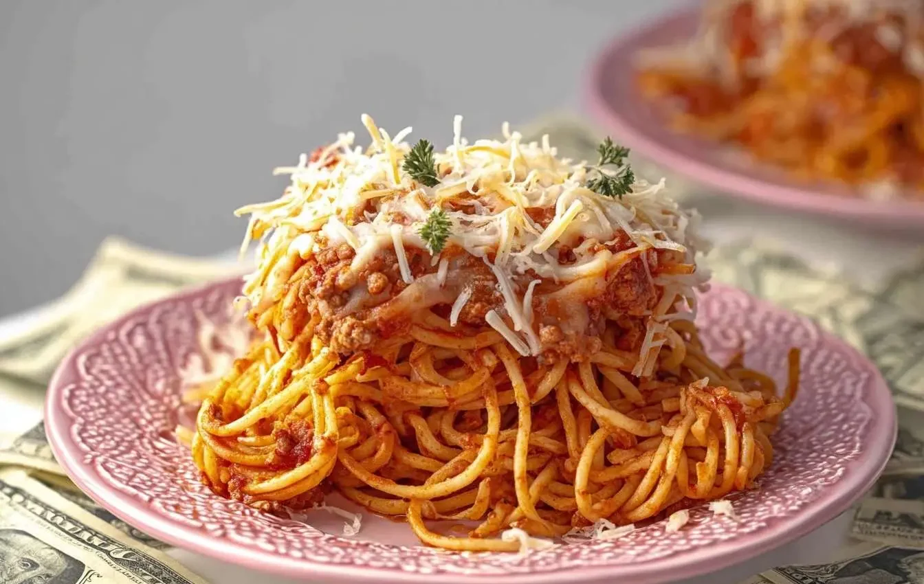 A heaping serving of cheesy Million Dollar Spaghetti on an ornate pink plate, surrounded by dollar bills.