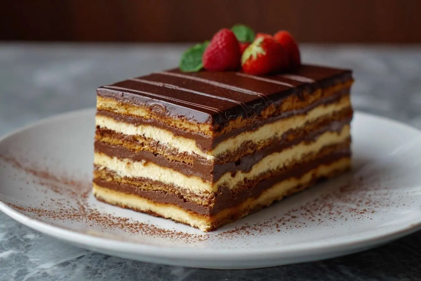 A rectangular slice of a multi-layered Opera cake with chocolate glaze, topped with fresh berries on a white plate.