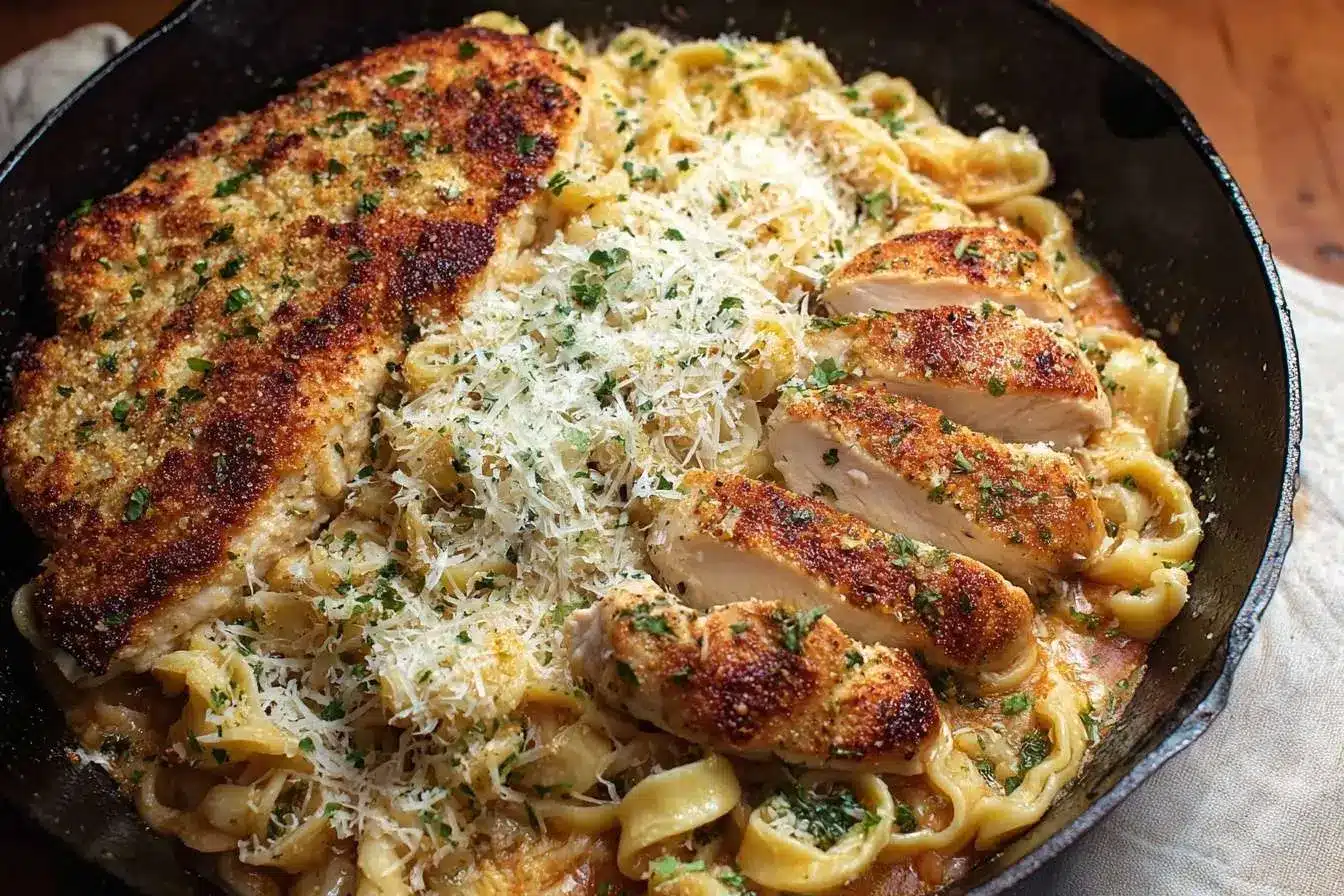 A cast-iron skillet with creamy Chicken Parmesan Pasta, featuring a crispy breaded chicken cutlet and grated parmesan cheese.