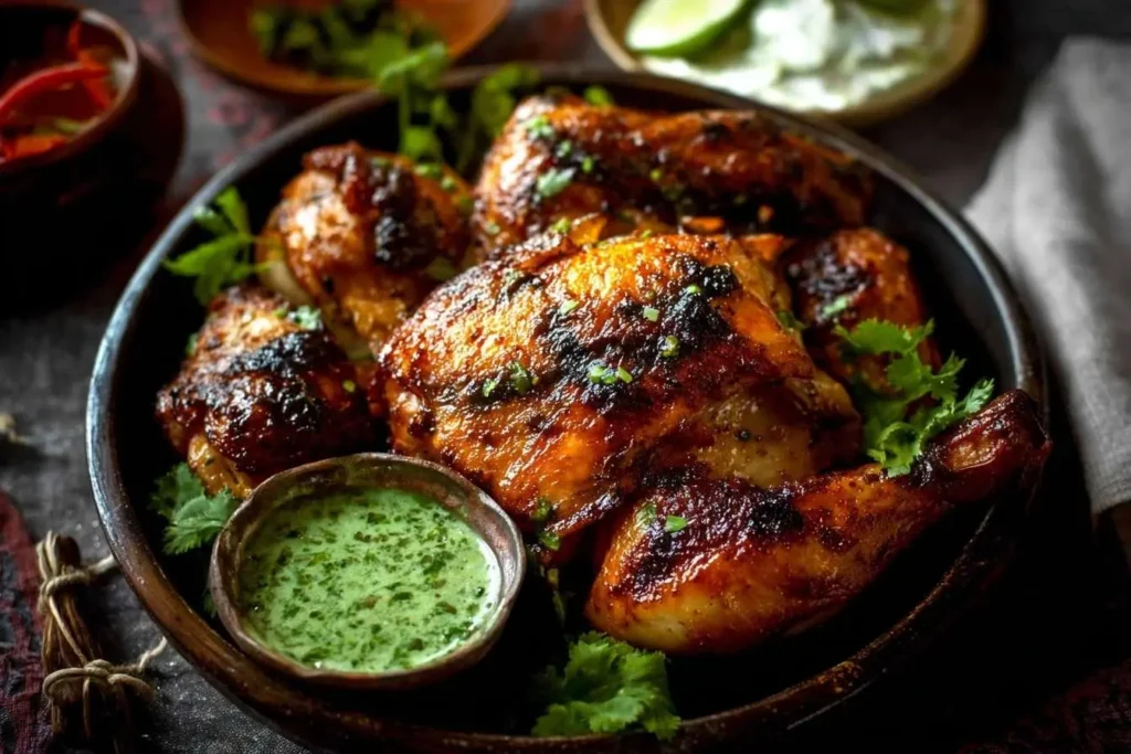 A rustic bowl of perfectly roasted {{ $('Fetch Recipe Data').first().json["Main Keyword"] }}, garnished with cilantro and served with a vibrant green dipping sauce.
