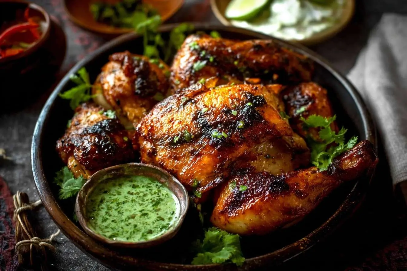 A rustic bowl of perfectly roasted {{ $('Fetch Recipe Data').first().json["Main Keyword"] }}, garnished with cilantro and served with a vibrant green dipping sauce.