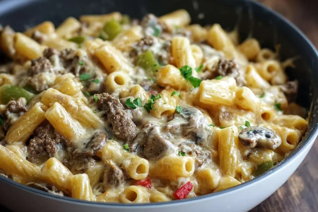 A close-up shot of a skillet filled with creamy Cheesesteak Pasta, featuring beef, peppers, mushrooms, and melted cheese.