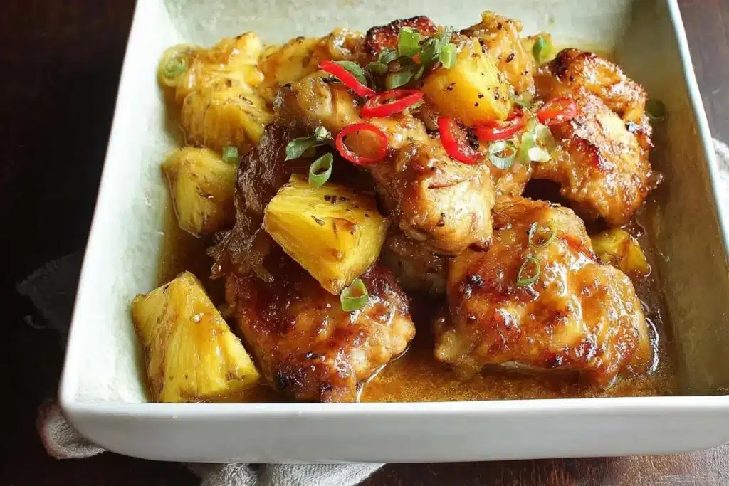 A close-up of a Pineapple Chicken dish in a light green bowl, garnished with sliced red chili and fresh green onions.