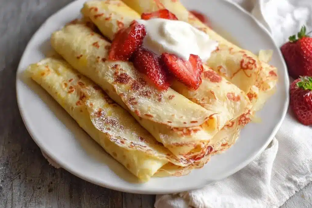 A white plate of rolled crepes from a crepes recipe, topped with fresh strawberries, cream, and a dusting of powdered sugar.