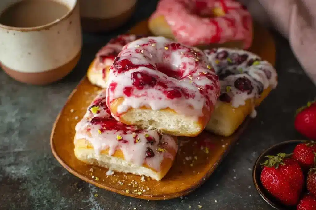 A platter of freshly baked cranberry donuts with a sweet white glaze, drizzled with cranberry sauce and sprinkled with pistachios.