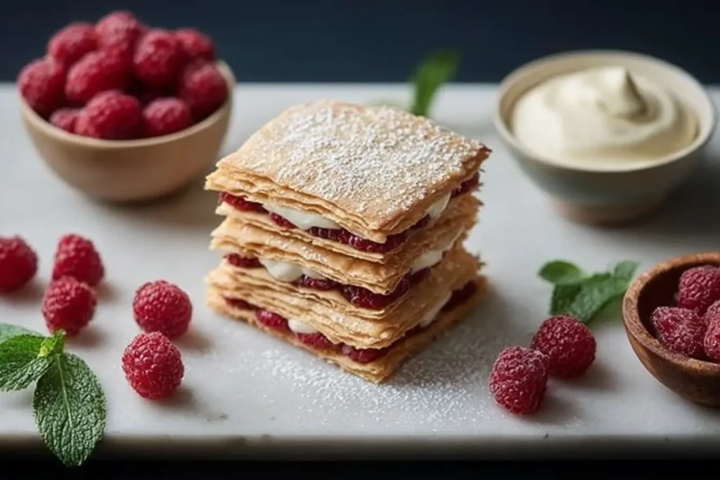 A layered raspberry mille-feuille dusted with powdered sugar, served on a marble slab with fresh raspberries and cream.