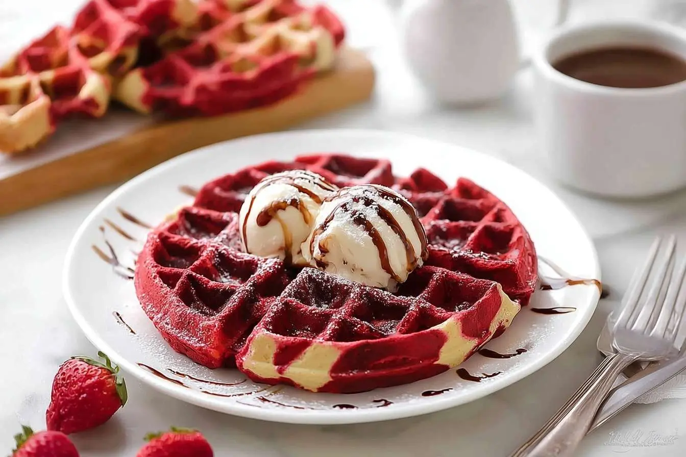 A plate of homemade Red Velvet Waffles topped with two scoops of vanilla ice cream, chocolate syrup, and powdered sugar.