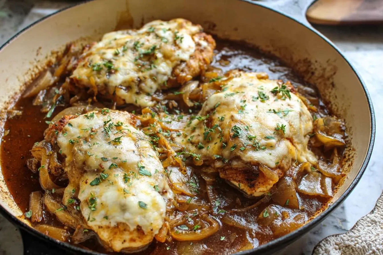 A close-up of French Onion Chicken in a light-colored skillet, with chicken breasts covered in melted cheese and rich onion gravy.