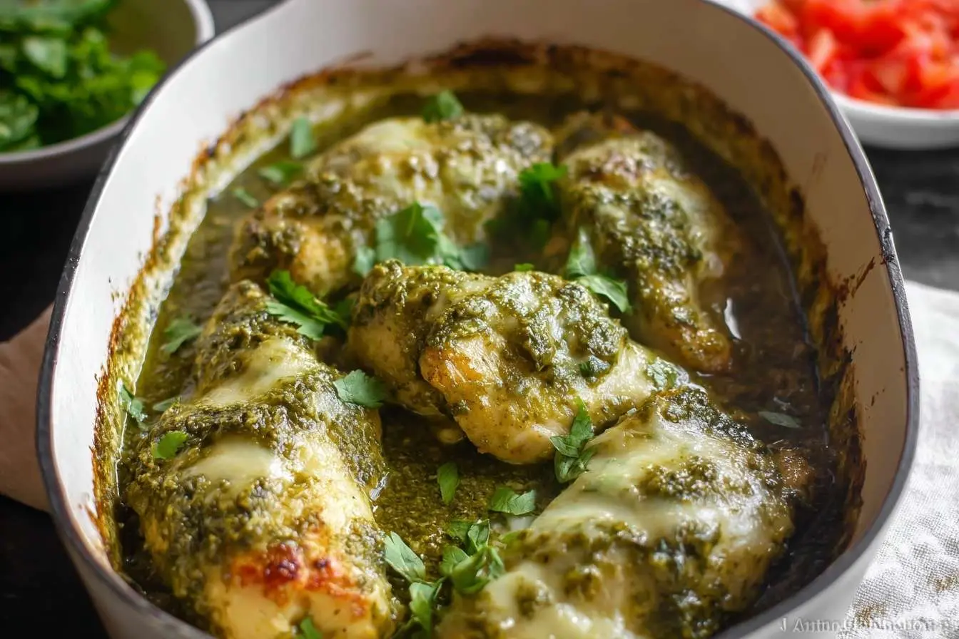 A close-up of cheesy Baked Pesto Chicken in a white casserole dish, garnished with fresh herbs and ready to serve.