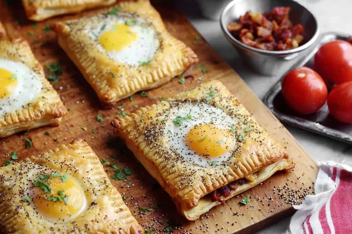 Savory egg pastry squares with golden-brown, flaky crusts and sunny-side-up eggs, served on a wooden board.
