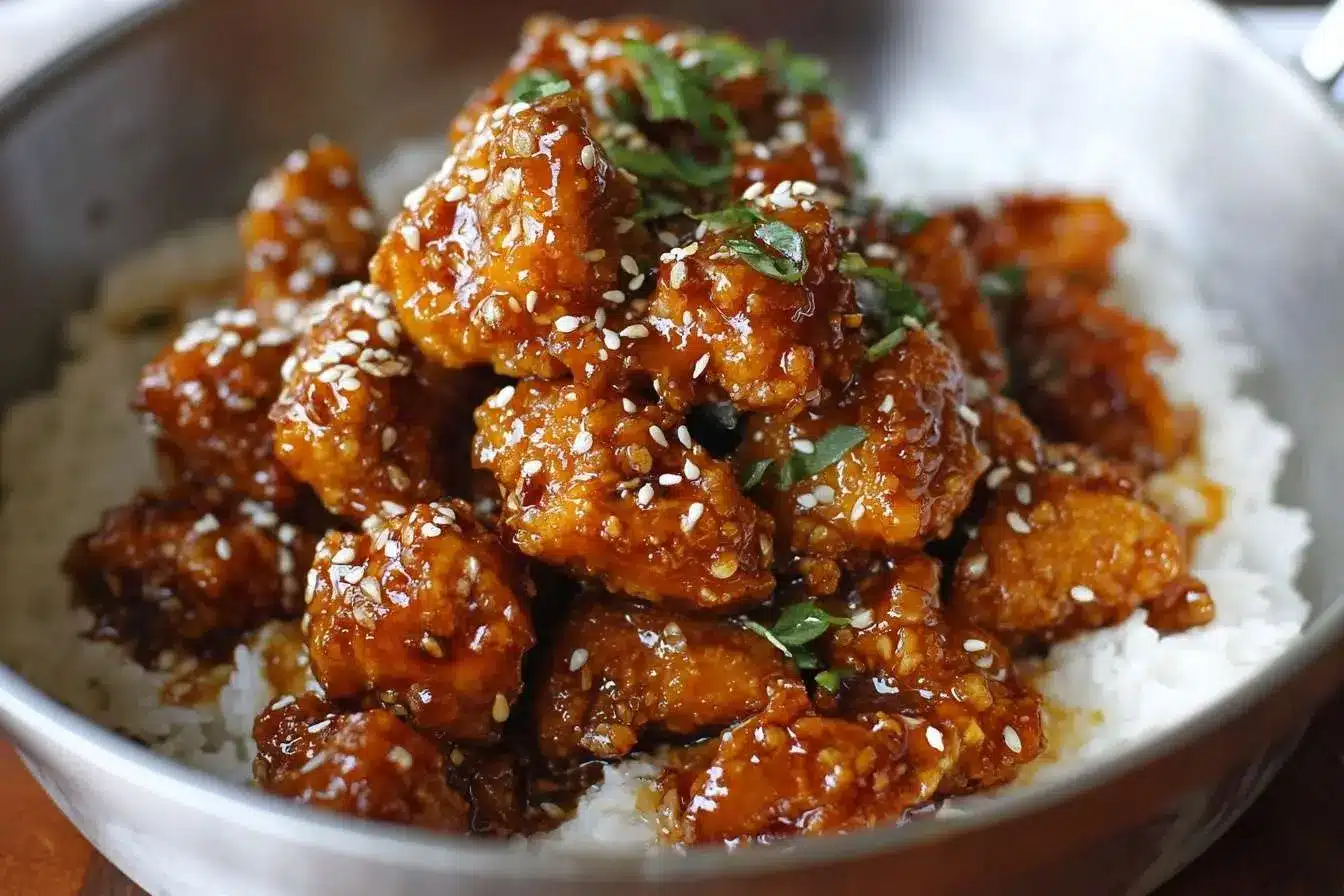 A close-up of a bowl of crispy sesame chicken coated in a sweet glaze, served over rice and garnished with sesame seeds.