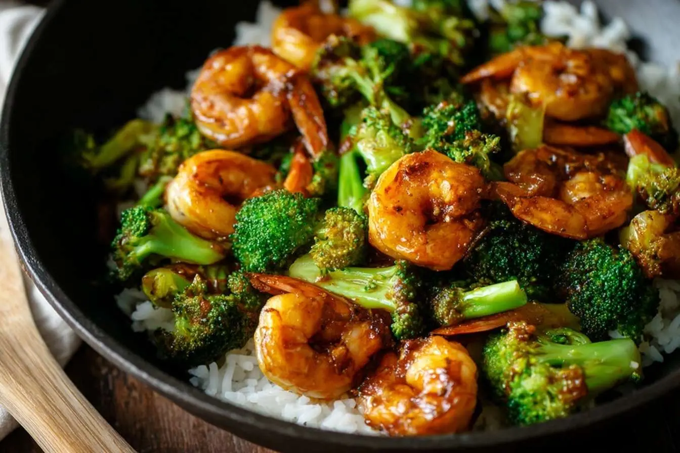 A close-up of a delicious Shrimp and Broccoli Stir Fry with a savory glaze, served over white rice in a black skillet.